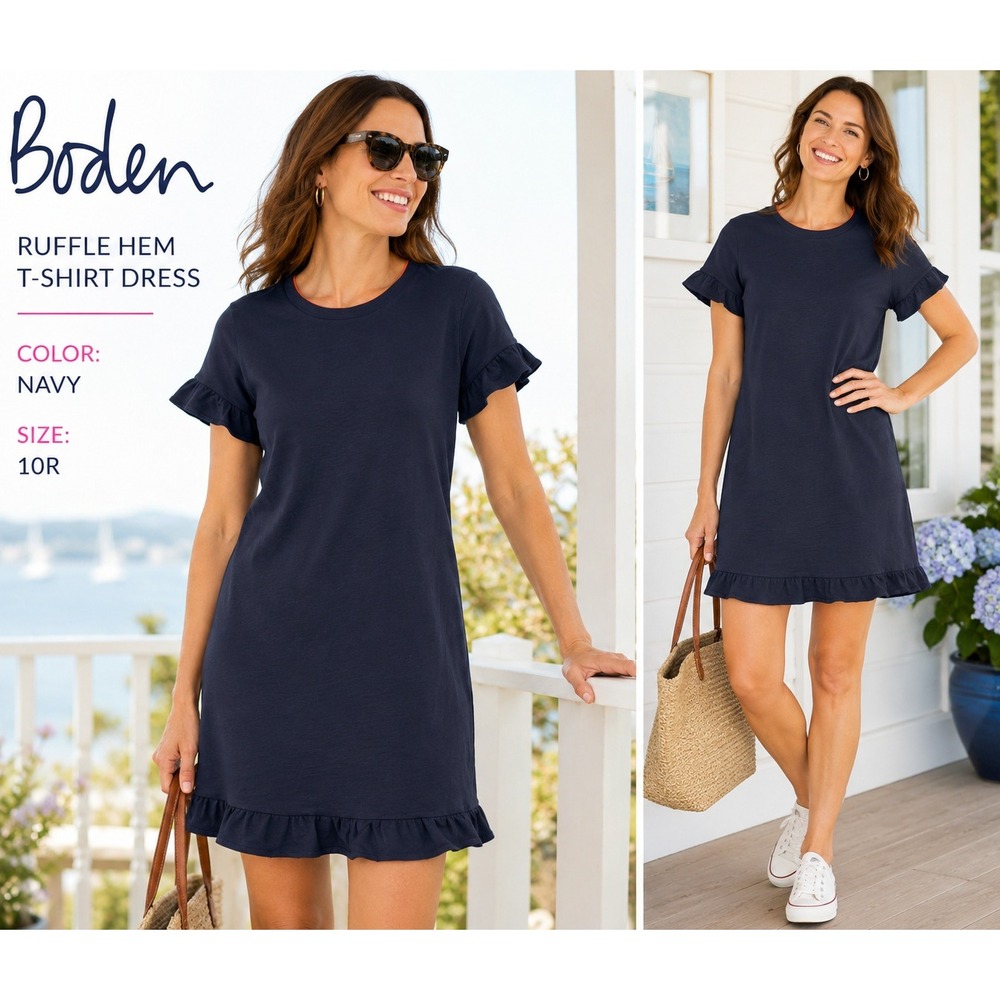 BODEN Dress Women's 10R Navy Blue Ruffle Sleeve Hem T-Shirt Shift Casual #1832